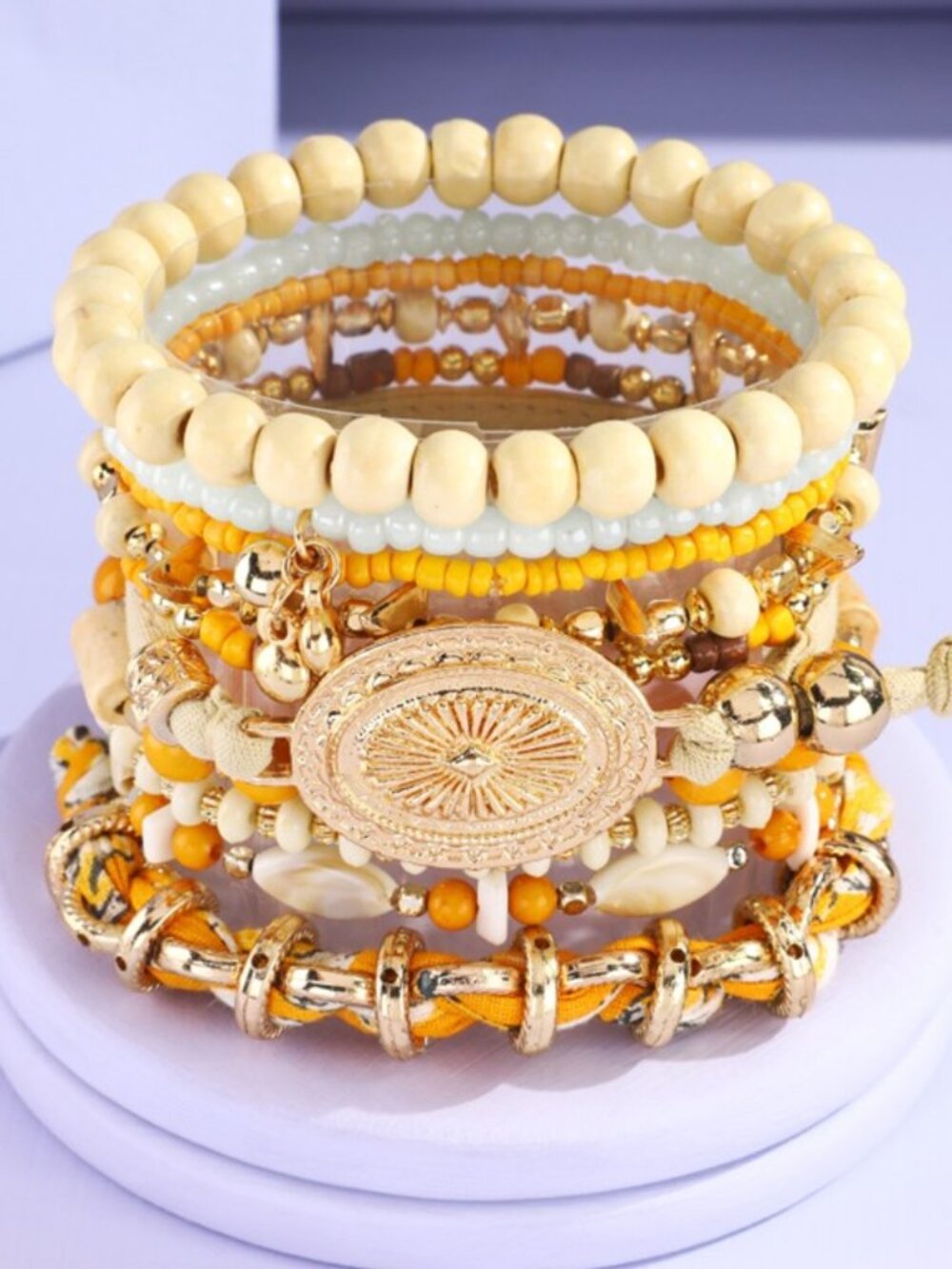 Golden Horizon Mixed Beads Fabric Scarf Wrapped Chain 10 Piece Bracelet Set